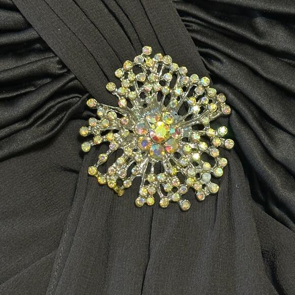 Vintage Y2K Tadashi Silk Evening Gown 12 Rhinestone Brooch V Neck Ruched Dress - Picture 7 of 12